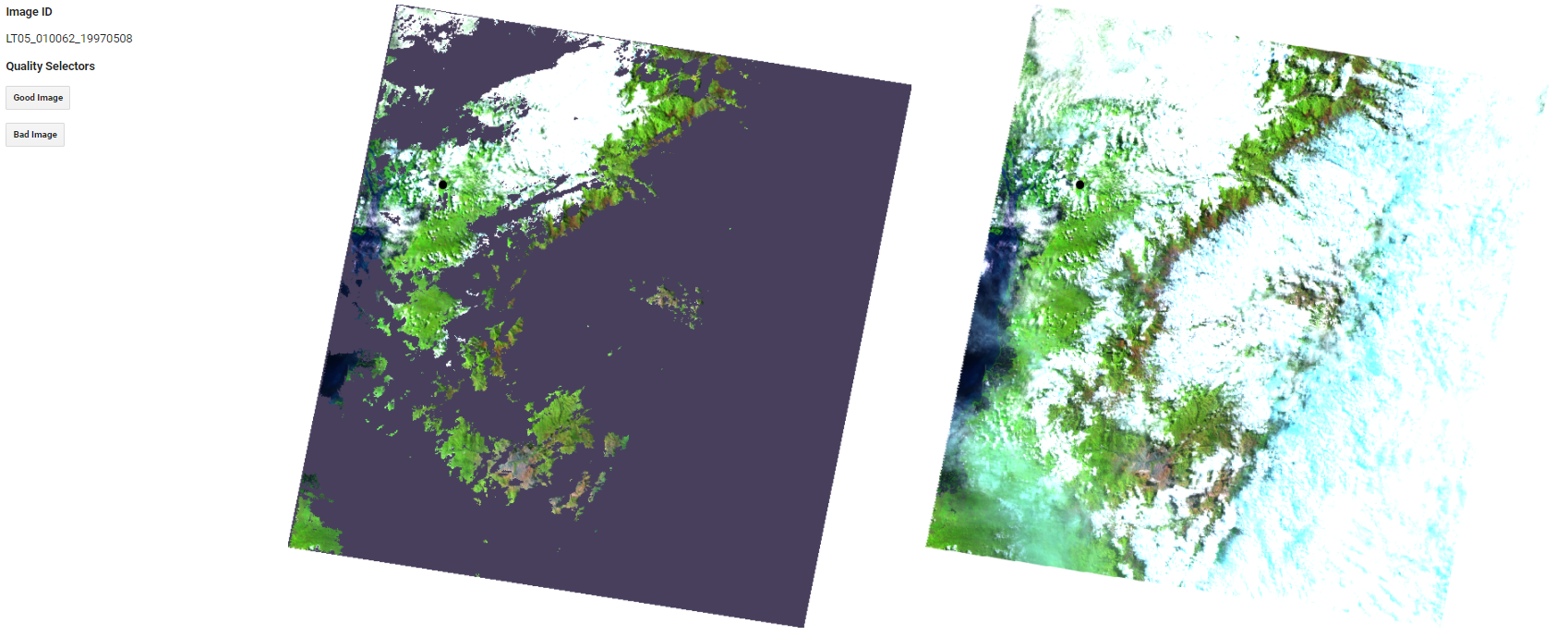 Image with remaining clouds after pixel_qa masking (left), original image (right)